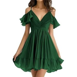 WSEYU Chiffon bruidsmeisjes jurken kort off-shoulder A-lijn ruches geplooide prom avondjurk, Emerald Groen, 42