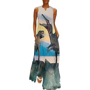 3D prehistorische dinosaurus dames enkellengte jurk slim fit mouwloze maxi-jurk casual zonnejurk 2XL