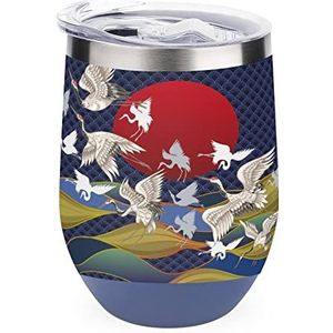 Rode Zon Japanse Vliegende Kraan Geïsoleerde Tumbler Met Deksel Leuke Rvs Koffie Mok Duurzaam Thee Cup Reizen Mok Blauw-Stijl