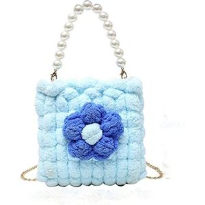 Stro Handtas voor Dames Flower Ball Knit Schoudertas Vrouwelijke Casual Pearl Chain Crossbody Tassen Herfst Winter Hit Color Purse Boheemse Strandtas (Color : Blue, Size : 16 * 15cm)