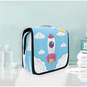 Blue Sky Cartoon Raket Opknoping Opvouwbare Toilettas Make-up Reizen Organizer Tassen Case voor Vrouwen Meisjes Badkamer