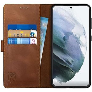 Rosso Deluxe Echt Leer Book Case Hoesje Geschikt voor voor Samsung Galaxy S21 | Ruimte voor drie pasjes | Portemonnee Book Case | Met Pasjeshouder | Bruin