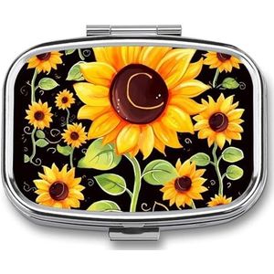 Schattige zonnebloem pillenetui met 2 compartimenten, pillenorganizer, draagbare vierkante pillendoos, vitaminepillenorganizer voor zakportemonnee en reizen