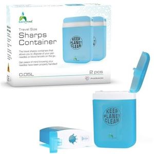 SafeFine Reisformaat Sharps afvalcontainer voor diabetische naalden en teststrips - compact formaat voor reizen en dagelijks persoonlijk gebruik - 2 stuks voordeelverpakking