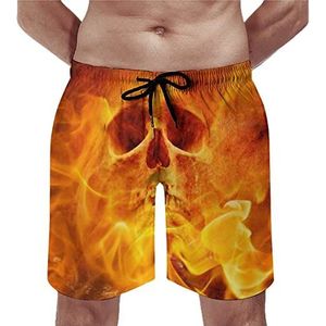 Fire Flaming Skull Zwembroek voor heren, casual strandshorts met compressievoering, sneldrogende badmode met zakken, L