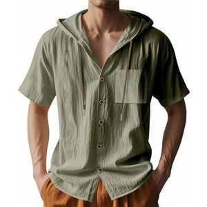 CupitiDU Linnen strandshirt met capuchon voor heren, lichtgewicht knoopsluiting, losse pasvorm, ademend zomershirt tops met capuchon, Lichtgroen, 3XL