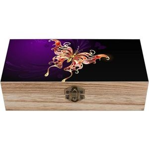 Gouden vlinder op een paarse houten kist met scharnierend deksel voor aandenken ambachten doe-het-zelf opslag sieraden gepersonaliseerde print container