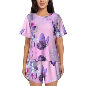 JIAWUJYNB Paarse pyjamaset met vlinderprint voor dames met korte mouwen - comfortabele korte sets, nachtkleding met zakken, Zwart, M
