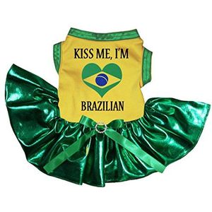 Petitebelle Kiss Me I'm Braziliaanse gele katoenen overhemd tutu puppy hond jurk (X-Large, Bling Green)