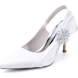 Recuriey Damessandalen - Puntige hoge hak 8,5 cm strass schoenen, satijn materiaal, sexy gesloten teen peep toe damesschoenen, bruiloft partij bruidsschoenen,Wit,35 EU