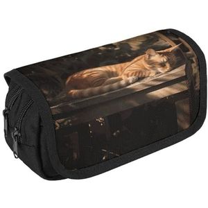VFKLT Oranje kat slapen etui dubbellaags potlood etui grote capaciteit potlood tas dubbele rits draagbare pen etui make-up tas voor mannen vrouwen reizen zakelijk kantoor, Wit, Eén maat, Potlood Tas