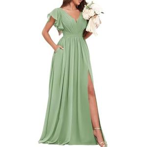 Chiffon bruidsmeisjesjurken voor dames, voor bruiloft, met split, avondgalajurken, cocktailjurken, grote maten, Sage Groen, 32