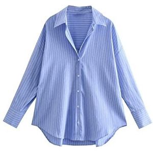 HJUGHPN Dames blouses vrouwen gestreepte print casual blouse kantoor dame enkele rij knopen zakelijke shirts chique chemise tops, Blauw, S