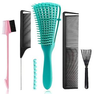 5 stuks ontwarrende haarborstelset, Ez ontklitterborstel met randborstel, rattenstaartkammen voor zwart natuurlijk haar styling en knippen, krullend/recht/nat/droog/lang/kort haar beschikbaar voor