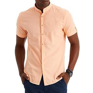 Leif Nelson Linnen overhemd voor heren, zomer, korte mouwen, Henley-hemd voor vrije tijd en business/gemengd van linnen en katoen/regular fit, zalmroze, L