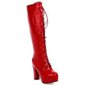 Vrouwen Lace Up Kniehoge Platformlaarzen met Lug Zool Hoge Chunky Hak Lange Laarzen,Rood,34 EU
