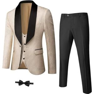 Heren 3-delige luxe smoking set jacquard slim fit sjaal revers jas vest en broek premium smoking voor mannen, Beige, XS