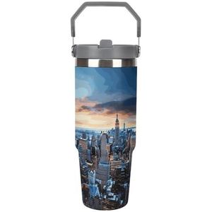 30 oz roestvrij staal geïsoleerde beker met klapdeksel en rietje, lekvrije reismok voor auto, New York City Skyline dubbelwandige vacuüm thermische koffiekop met handvat, morsbestendig ontwerp voor