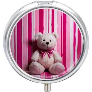 Teddybeer pillendoos 3 compartimenten reizen pillenorganisator 3 keer per dag schattige mini pillenetui voor portemonnee en zak draagbare metalen medicijndoos met spiegel ronde dagelijkse