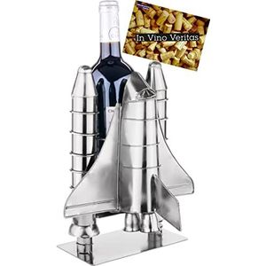 BRUBAKER Wijnfleshouder Raketlancering - Ruimte Shuttle metalen sculptuur fles staan raket Space Shuttle - zilveren metalen beeldje wijn geschenk voor ruimtevaart fans met wenskaart