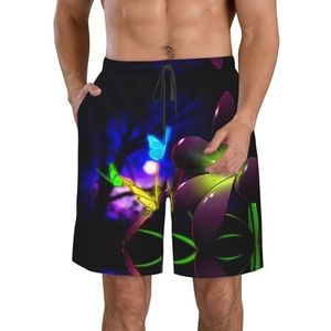 Kerst Decoratie Achtergrond Print Heren Zwembroek Trunks Mannen Sneldrogend Ademend Strand Surfen Zwembroek met Zakken, Blauw Paars Bloem Vlinder, XXL