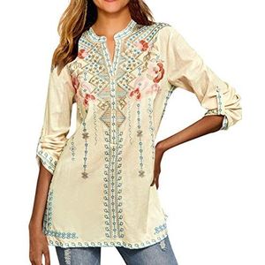 Dames Boho Geborduurde Tops Lange Mouw Mouwen Bohemian Losse Tuniek Blouses Boho Tuniek Hippie Bloemen Los T-shirt Blouse Lange Mouw Pofmouwen Tops Knoop Opstaande Kraag Opstaande Kraag Chiffon Shirt
