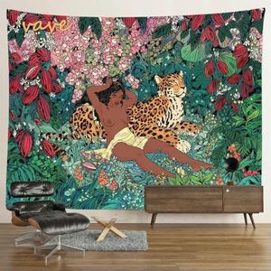 SEIBES Hippie psychedelische tijger wandtapijt muur opknoping boho kamer decor esthetische mysterieuze bloem jungle maan landschap bos tapijt, S-150 cm x 100 cm