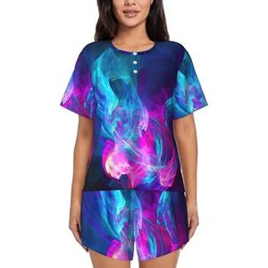 YJxoZH Blauw En Roze Vuur Print Vrouwen Zomer Pyjama Sets Nachtkleding Dames Korte Mouw Nachtkleding Pjs Lounge Met Zakken, Zwart, XL