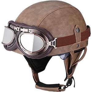 Motorhelm, Heren Dames Skull Cap Bromfiets Street Jet Scooter Open Helm met Pilotenbril, ECE-certificaat E,S=54-56CM(A,L=5961CM)