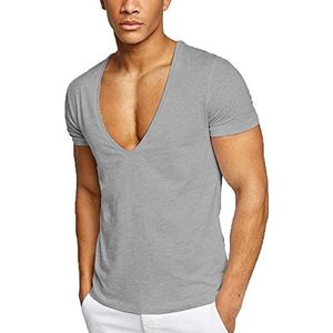 Heren Katoenen Korte Mouw T-shirts Laag Gesneden Diepe V-hals Stretch Tee Onzichtbare Vee Tops, Grijs, XL