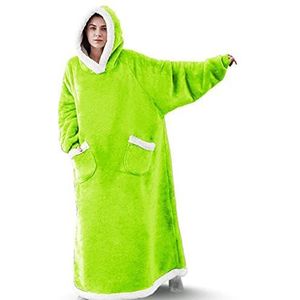 Extra lange hoodie deken sweatshirt, super warm en gezellig grote deken hoodie, draagbare dikke flanellen deken met mouwen en handige zakken voor vrouwen en mannen, Groen, XXL/3XL