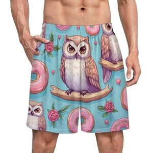 Leuke uilen en donuts grappige pyjama shorts voor mannen pyjamabroek heren nachtkleding met zakken zacht