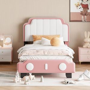 Idemon Kinderbed, gestoffeerd bed, 90 x 200 cm, PU-leer, tweekleurig, geschikt voor jongens en meisjes, unieke styling met lattenbodem, plat bed (matras niet inbegrepen) (roze)