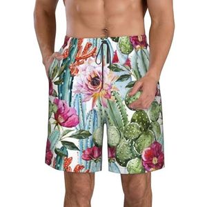 PHTZEZFC Cactus Succulent Rose Print Strandshorts voor heren, zomershorts met sneldrogende technologie, licht en casual, Wit, L