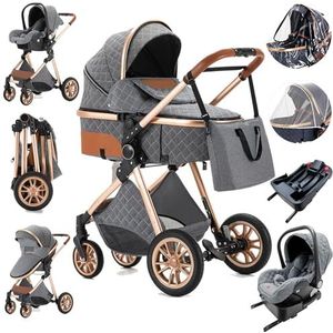 Zkiprm 3-in-1 kinderwagen, stadskinderwagen met autostoel, kinderwagen en kinderwagen, draagbare compacte kinderwagen, inklapbaar met één klik, combinatie van landschapskinderwagen met hoog aluminium