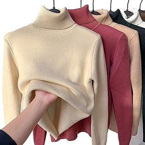 Winter Fleece Thick Knitted Bottoming Shirt, Womens Turtleneck Sweaters Soft Thermal Underwear Tops (Color : Apricot, Size : S)