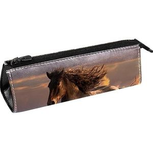 Paard Running on Sunset Beach Pen Bag Briefpapier Pouch Potlood Tas Cosmetische Pouch Tas Compacte Rits Tas, Meerkleurig, 5.5 ×6 ×20CM/2.2x2.4x7.9 in, Tas Organizer