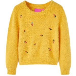 Kindertrui gebreid 104 okerkleurig, meisjestrui, trui met borduursel, trui kinderen, gebreide kindertrui, trui voor kinderen, trui peuters