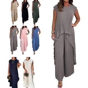 CupitiDU Geplooide korte mouw onregelmatige midi-top en elastische taille wijde pijpen broek set, zomer tweedelige sets outfits voor vrouwen uitgaan, Grijs, 3XL