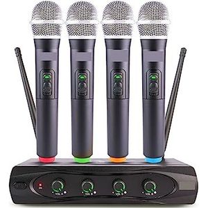 Geluidskaartset, 4-kanaals UHF draadloze microfoon Professioneel dynamisch handheld-microfoonsysteem 60 meter for karaokefeest Kerktoespraak