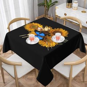 ZhaoYuGoods Decoratief tafelkleed, bedrukte gele zonnebloemen met blauwe vlinders, waterbestendig polyester tafelkleed voor thuis, keuken, binnen, 137 x 137 cm