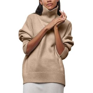 Grof Gebreide Coltrui for Dames, Zachte, Warme, Losse Pasvorm Trui for Herfst en Winter(Khaki,4X-Large)