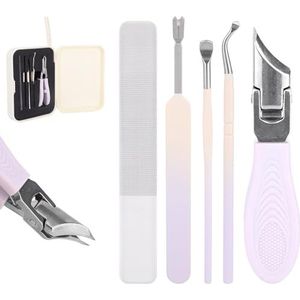 WWZ889 5-delige set nagelknippers, schuine nagelknippers, uitgerust met oorlepels, keratine schrapers, nagelvijlen en plectrums, geschikt voor dikke nagels en ouderen (lavendelkleur)
