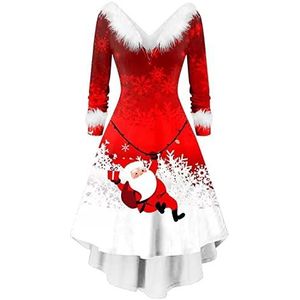 Kerstjurk - Rood - Feestjurk - Lange Mouw - V-hals - Hoge Taille - Dames