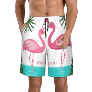 PHTZEZFC Palmblad en Flamingo's Paar Print Heren Strandshorts - Zomervakantie Strandshorts Casual Lichtgewicht Trekkoord, Wit, M