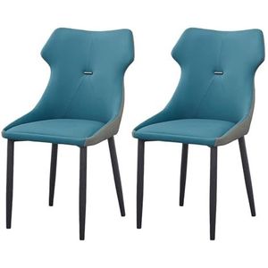 Meal Chairs PU lederen eetkamerstoelen set van 2, keukenstoelen moderne gestoffeerde eetkamerstoelen met zwarte metalen poten for thuiscafé(Dark Blue)