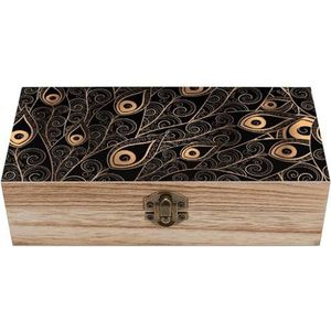 Gouden pauwenveer houten kist met scharnierend deksel voor aandenken ambachten doe-het-zelf opslag sieraden gepersonaliseerde print container