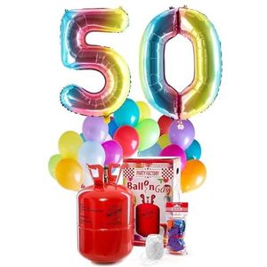 PARTY FACTORY Helium Verjaardag Complete Set ""50"" - met XXL cijfer ballonnen, 0,4m³ ballongas, ballonkoord & 30 kleurrijke latex ballonnen - voor verjaardag - verschillende kleuren (Regenboog)