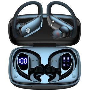 Draadloze Oordopjes Bluetooth Hoofdtelefoon 48 uur Afspelen Sport Oortelefoon met LED Display Over-Ear Buds met Oorhaken Ingebouwde Microfoon Headset voor Workout Zwart BMANI-VEAT00L