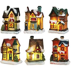 Bseical Lichtgevend kerstdorp, helder kersthuis, kerstdorp, karakterlamp, meerkleurig, decoratie, Kerstmis, miniatuur voor binnen (6 stuks, 4 x 6,5 x 9 cm)